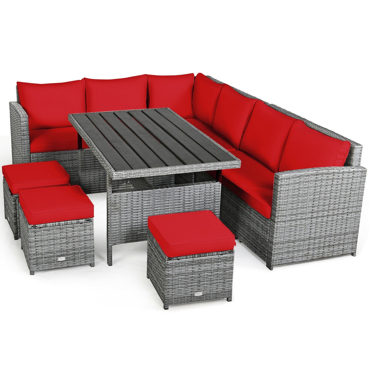 7 Pieces Patio Rattan Dining Furniture Sectional Sofa Set with Wicker Ottoman, Red Outdoor Sectionals at Gallery Canada