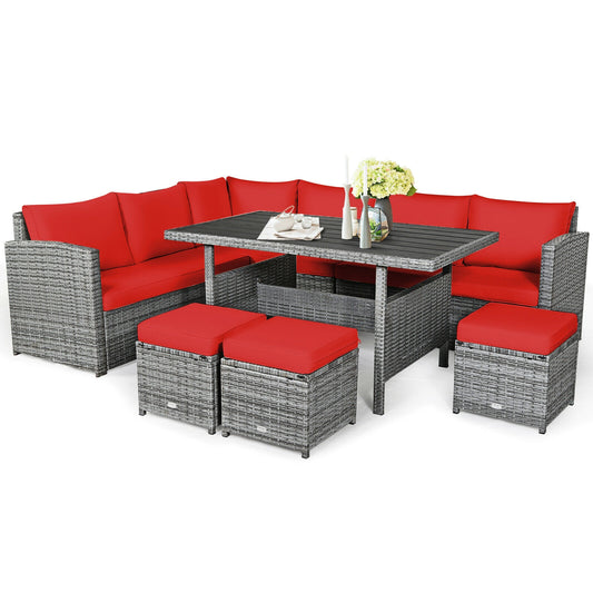 7 Pieces Patio Rattan Dining Furniture Sectional Sofa Set with Wicker Ottoman, Red Outdoor Sectionals Red at Gallery Canada