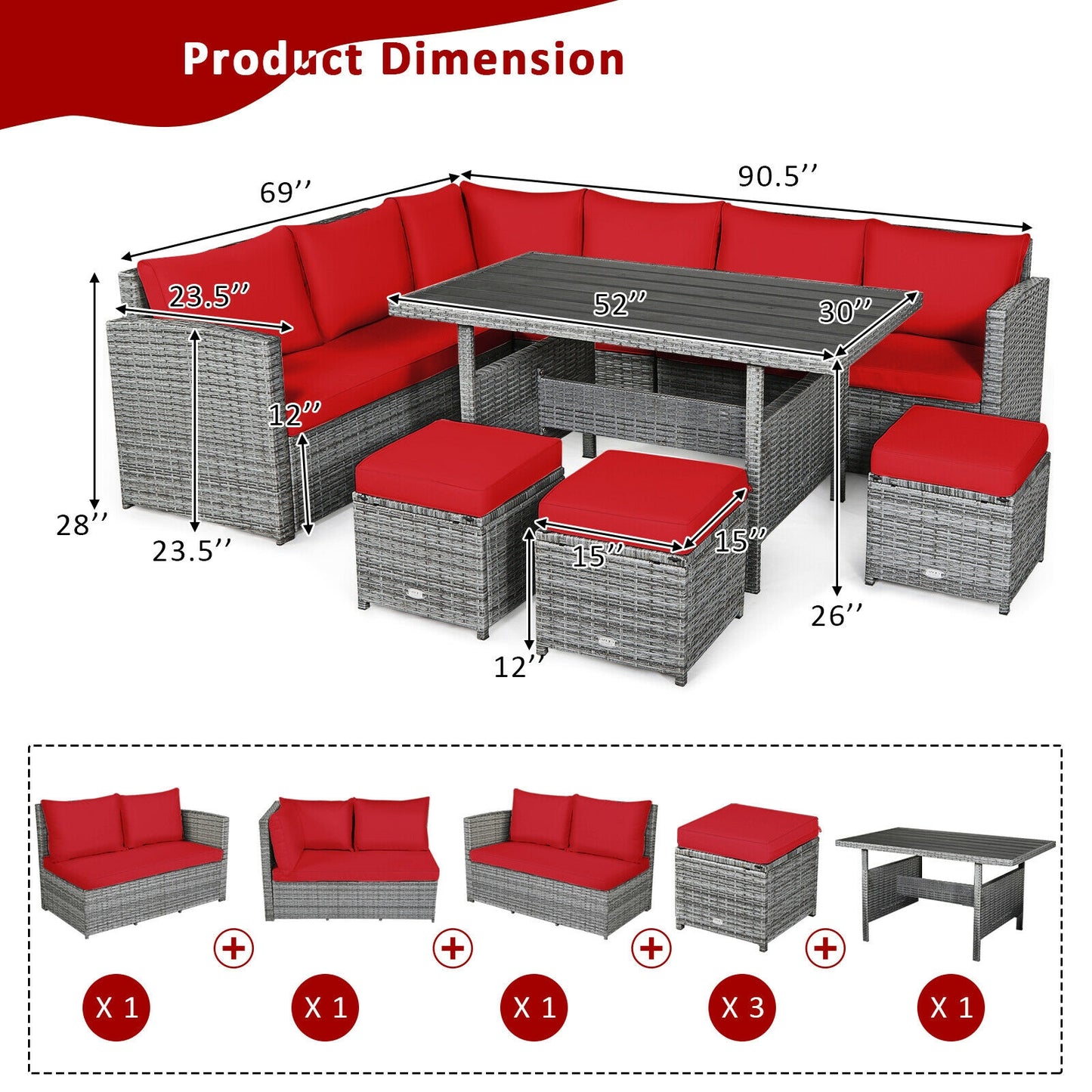 7 Pieces Patio Rattan Dining Furniture Sectional Sofa Set with Wicker Ottoman, Red Outdoor Sectionals at Gallery Canada