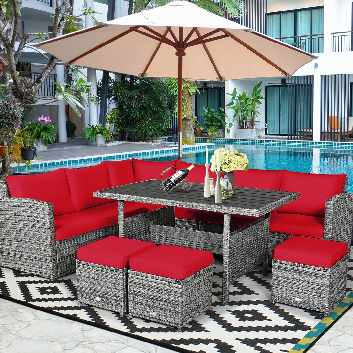 7 Pieces Patio Rattan Dining Furniture Sectional Sofa Set with Wicker Ottoman, Red Outdoor Sectionals at Gallery Canada