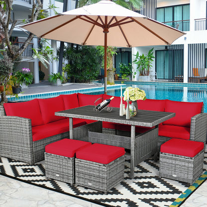 7 Pieces Patio Rattan Dining Furniture Sectional Sofa Set with Wicker Ottoman, Red Outdoor Sectionals at Gallery Canada