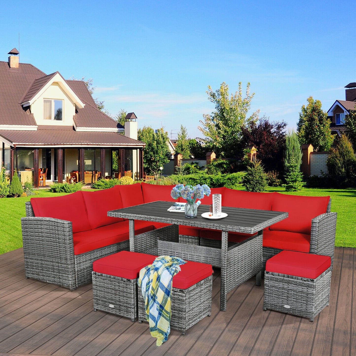7 Pieces Patio Rattan Dining Furniture Sectional Sofa Set with Wicker Ottoman, Red Outdoor Sectionals at Gallery Canada