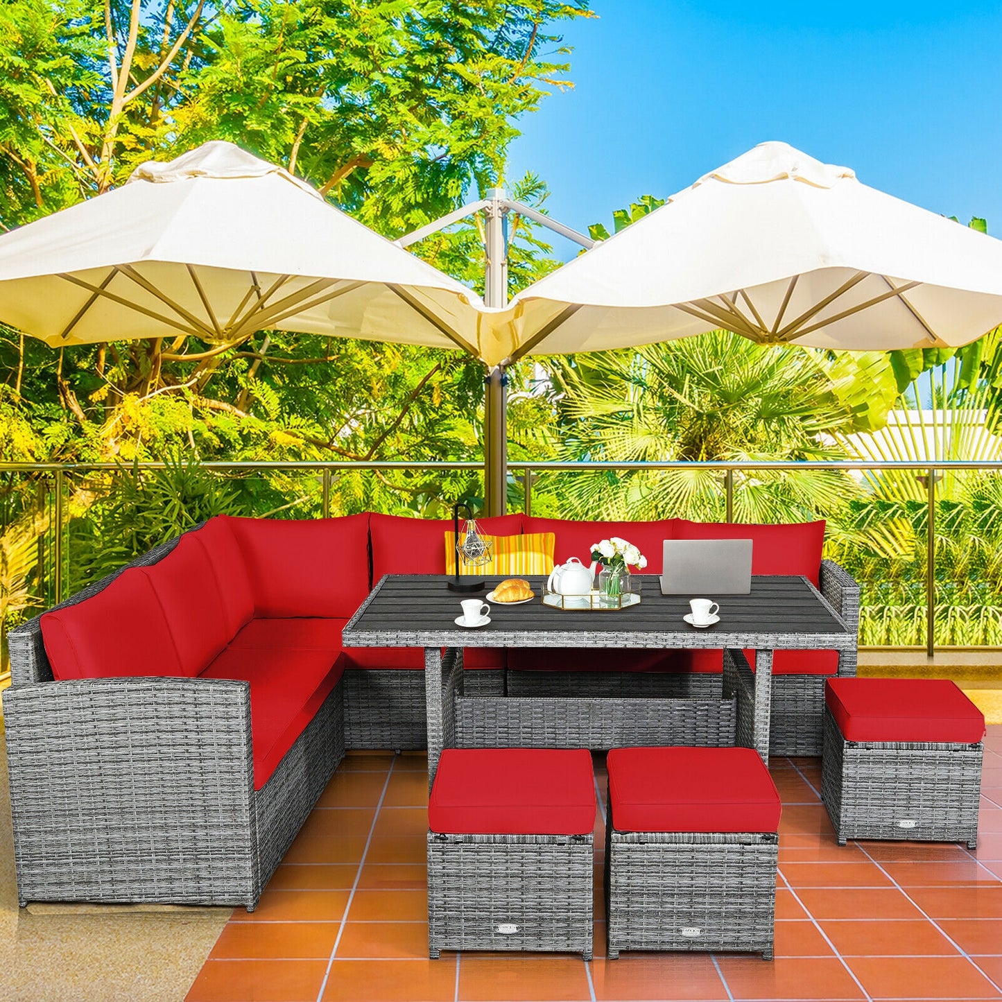 7 Pieces Patio Rattan Dining Furniture Sectional Sofa Set with Wicker Ottoman, Red Outdoor Sectionals at Gallery Canada