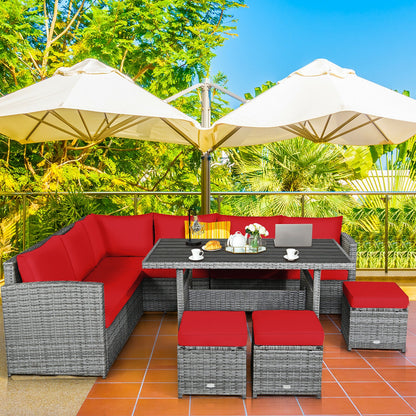 7 Pieces Patio Rattan Dining Furniture Sectional Sofa Set with Wicker Ottoman, Red Outdoor Sectionals at Gallery Canada