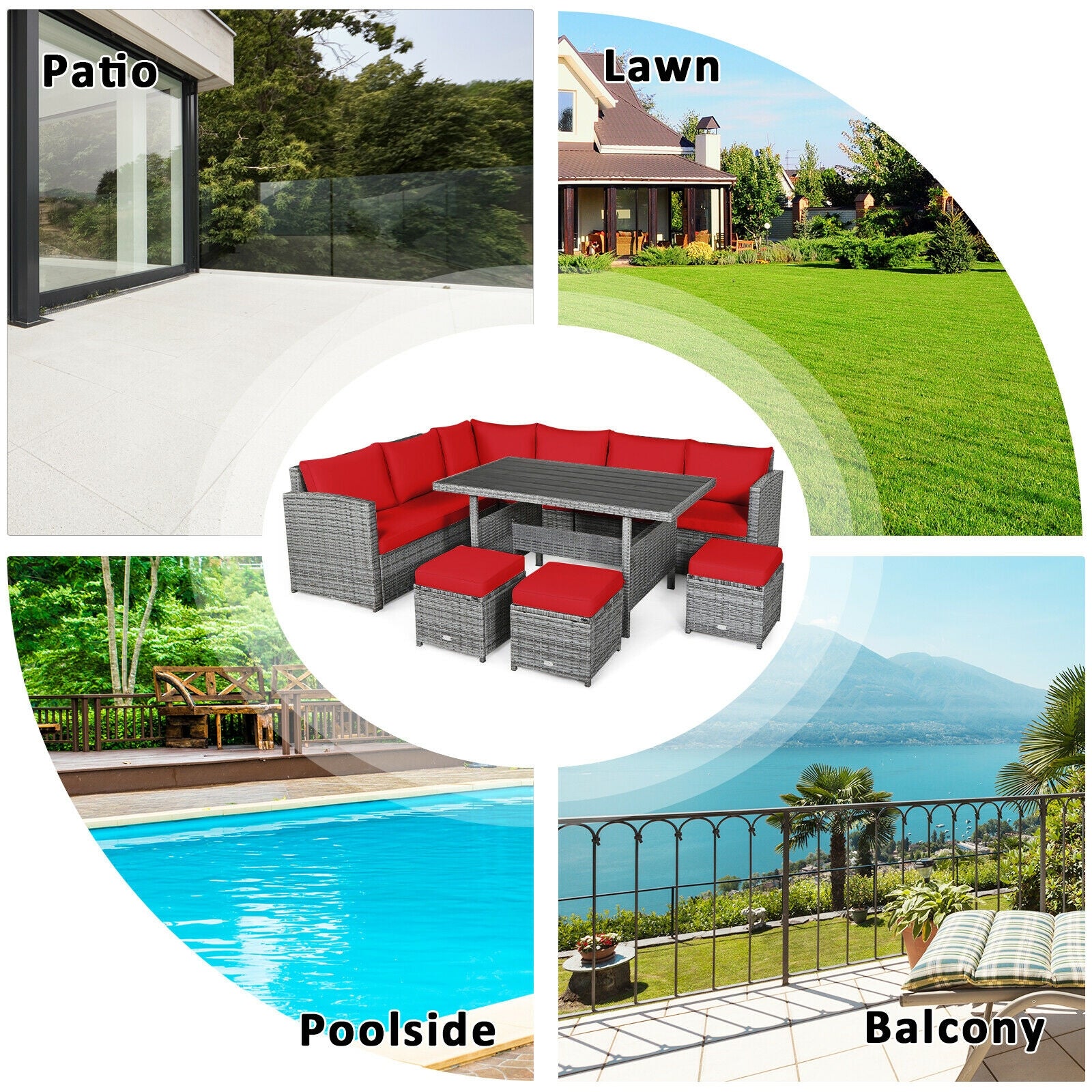 7 Pieces Patio Rattan Dining Furniture Sectional Sofa Set with Wicker Ottoman, Red Outdoor Sectionals at Gallery Canada