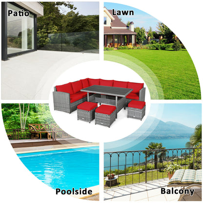 7 Pieces Patio Rattan Dining Furniture Sectional Sofa Set with Wicker Ottoman, Red Outdoor Sectionals at Gallery Canada