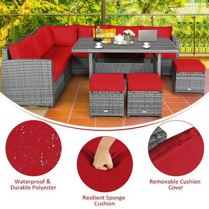 7 Pieces Patio Rattan Dining Furniture Sectional Sofa Set with Wicker Ottoman, Red Outdoor Sectionals at Gallery Canada