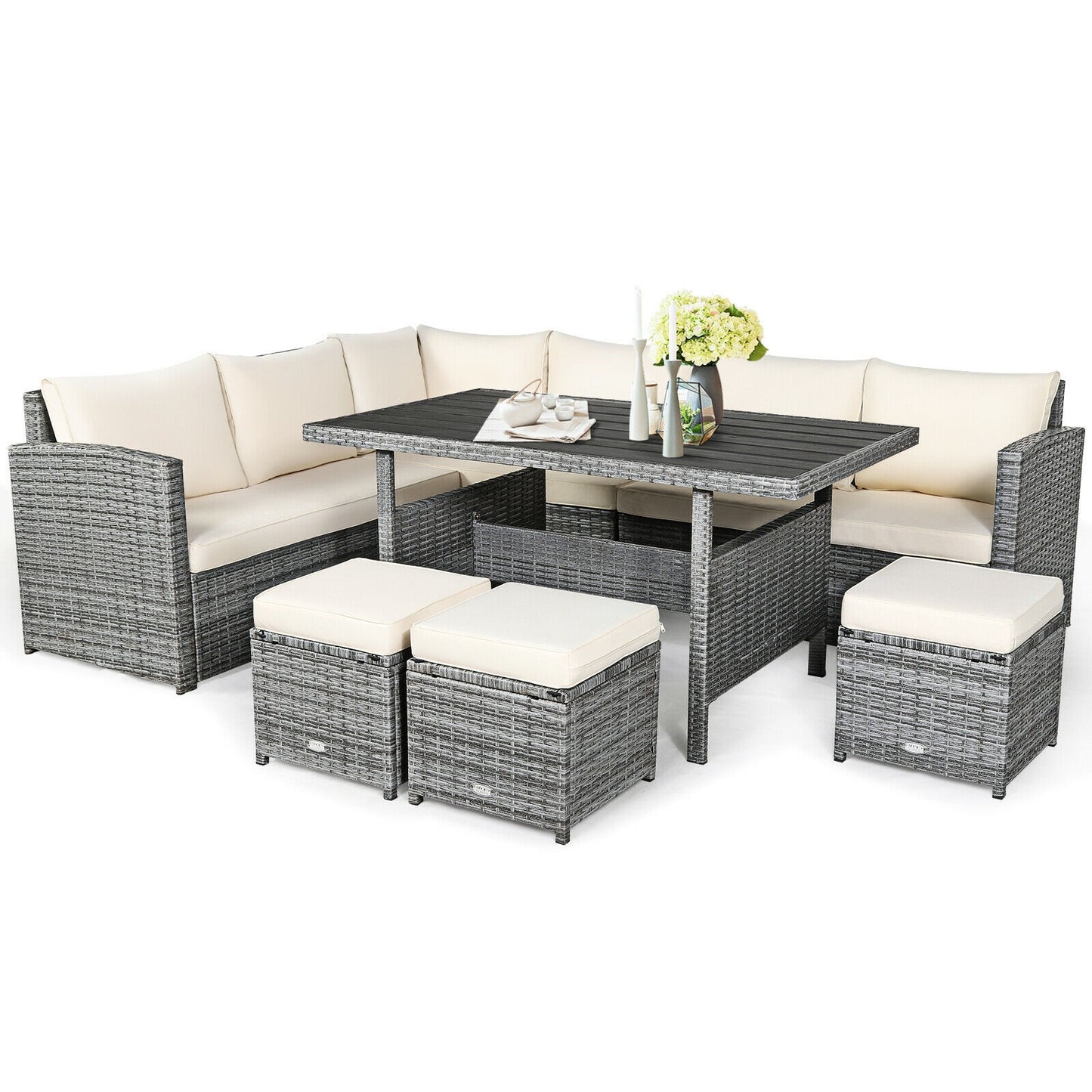 7 Pcs All-Weather Patio Rattan Dining Furniture Sectional Sofa Set with Wicker Ottoman and Cushed Couch, Beige Outdoor Sectionals Beige at Gallery Canada