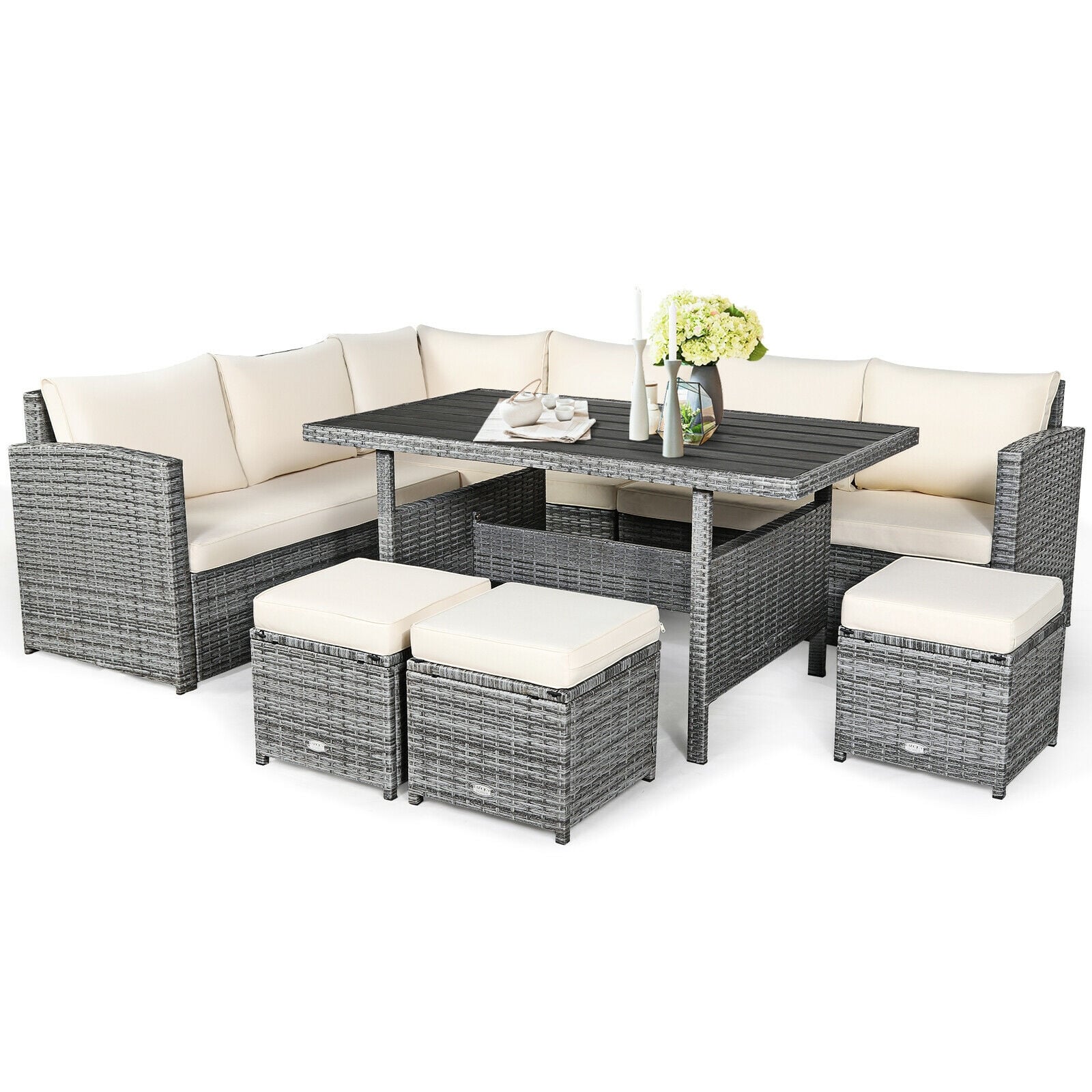 7 Pcs Rattan Dining Furniture Set, Sectional Sofa With Ottoman, Beige Outdoor Sectionals Beige at Gallery Canada