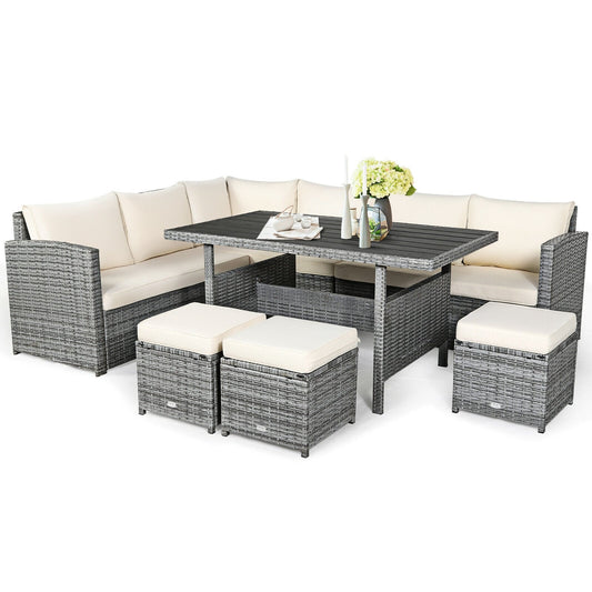 7 Pcs Rattan Dining Furniture Set, Sectional Sofa With Ottoman, Beige Outdoor Sectionals Beige at Gallery Canada