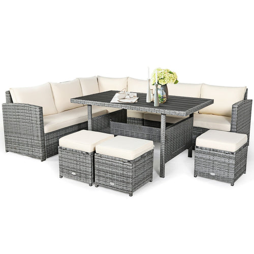 7 Pcs Rattan Dining Furniture Set, Sectional Sofa With Ottoman, Beige
