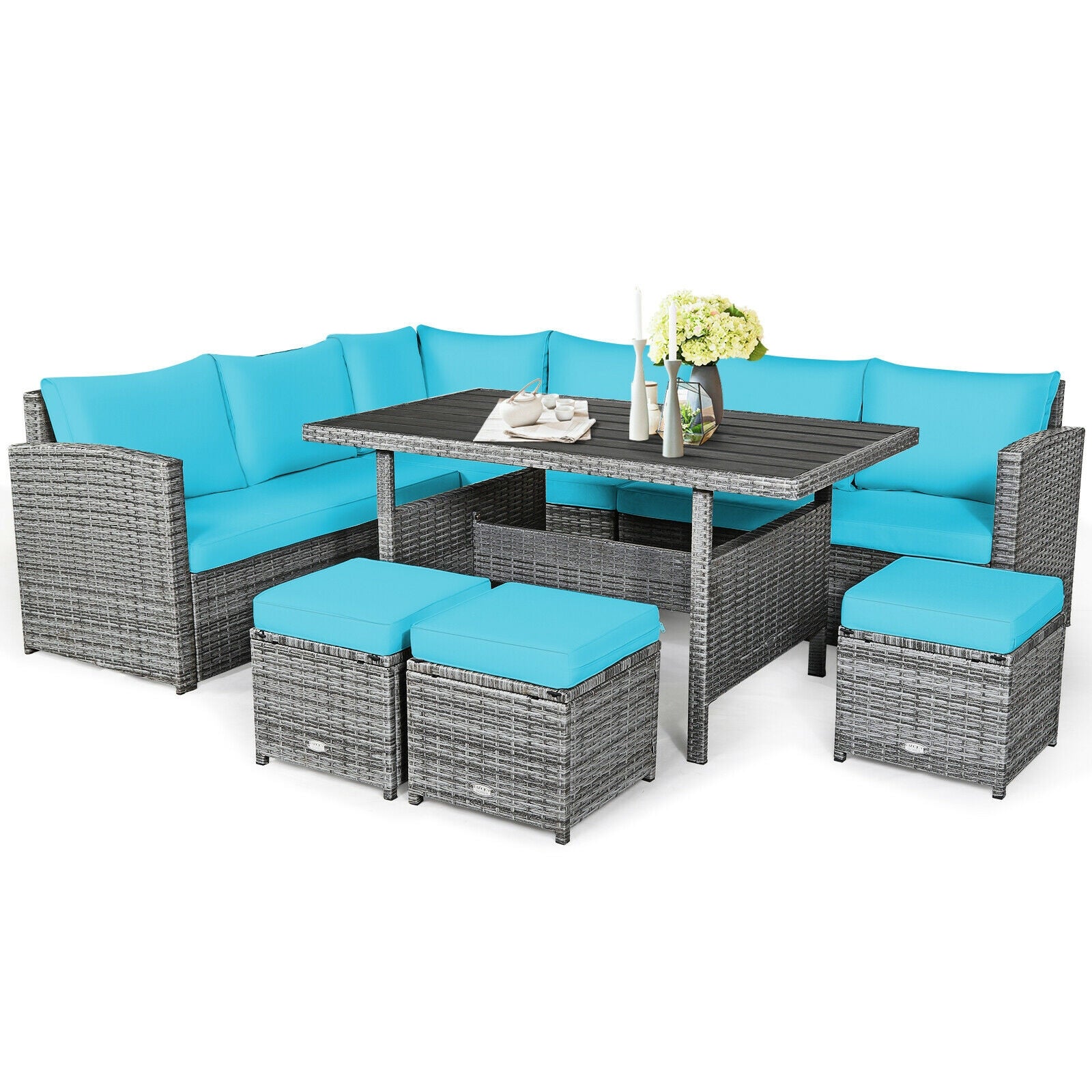 7 Pieces Patio Rattan Dining Furniture Sectional Sofa Set with Wicker Ottoman, Turquoise Outdoor Sectionals at Gallery Canada