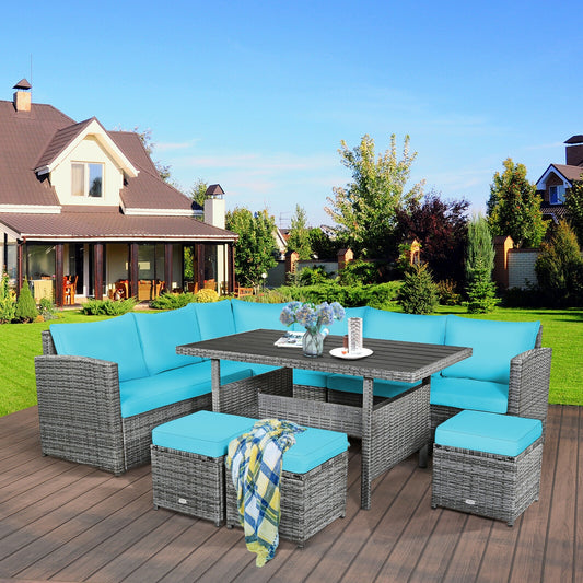 7 Pieces Patio Rattan Dining Furniture Sectional Sofa Set with Wicker Ottoman, Turquoise Outdoor Sectionals Turquoise at Gallery Canada