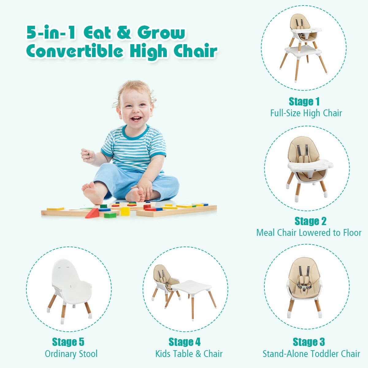 5-in-1 Baby Wooden Convertible High Chair , Beige - Gallery Canada