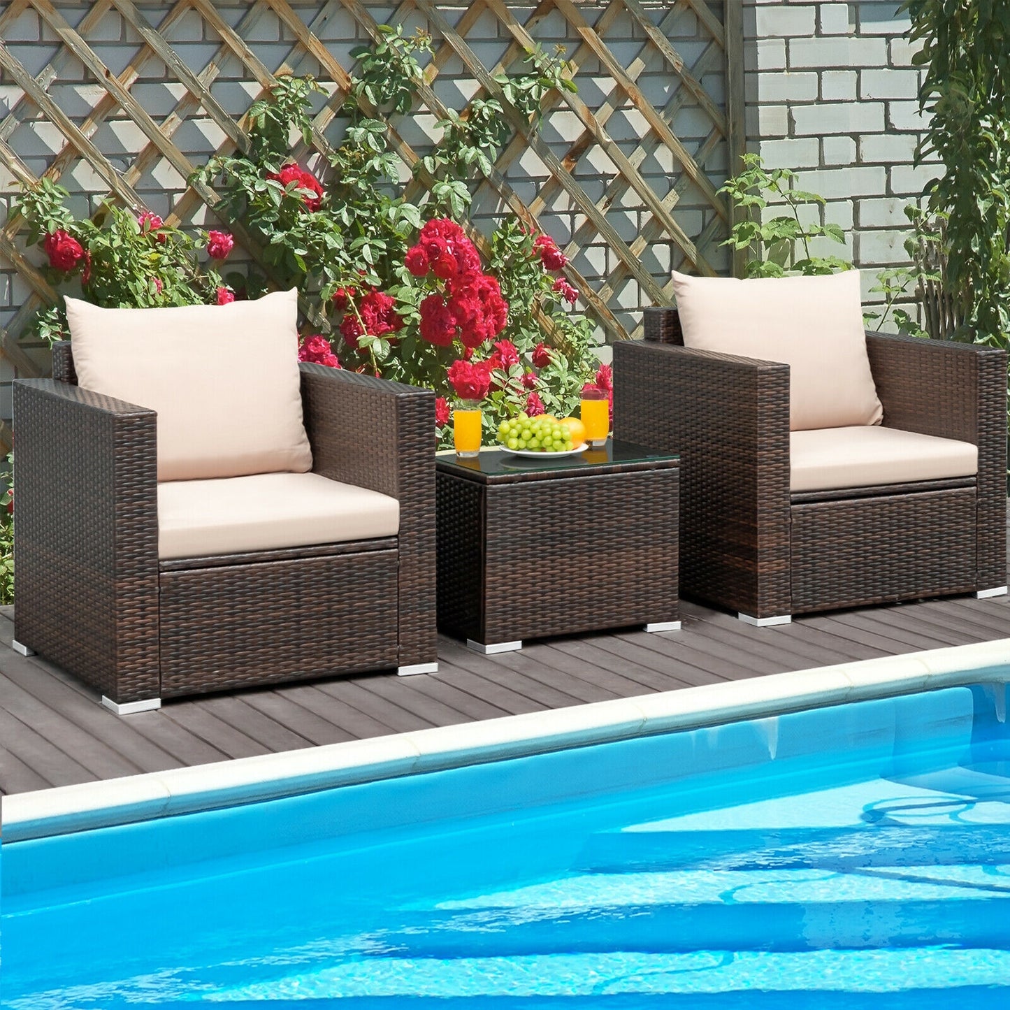 3 Pcs Patio Conversation Rattan Furniture Set with Cushion, Beige Patio Conversation Sets at Gallery Canada