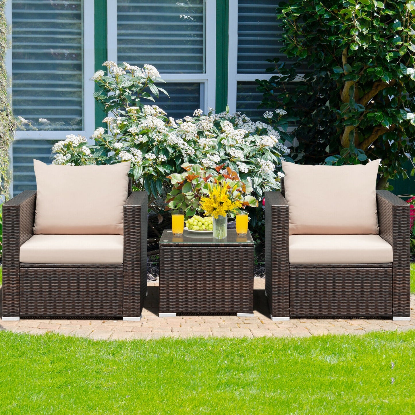 3 Pcs Patio Conversation Rattan Furniture Set with Cushion, Beige Patio Conversation Sets at Gallery Canada
