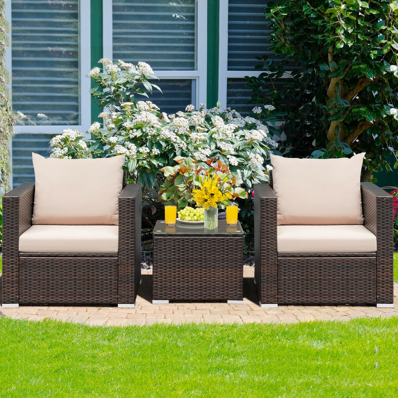 3 Pcs Patio Conversation Rattan Furniture Set with Cushion, Beige Patio Conversation Sets at Gallery Canada