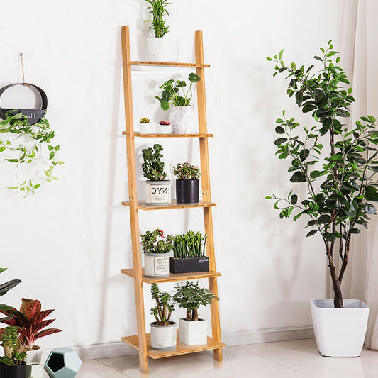 5-Tier Ladder Shelf Modern Bamboo Leaning Bookshelf Ladder Bookcase, Natural - Gallery Canada