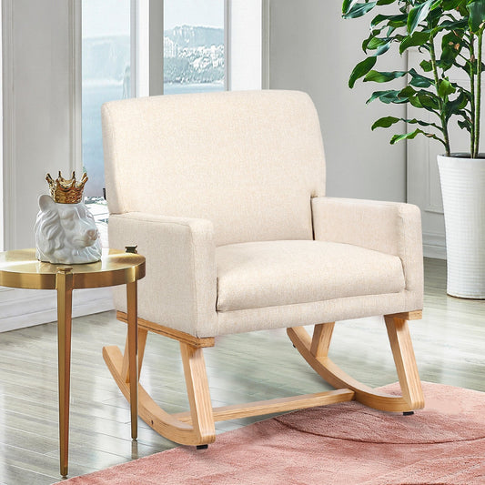 Upholstered Rocking Chair with and Solid Wood Base, Beige - Gallery Canada