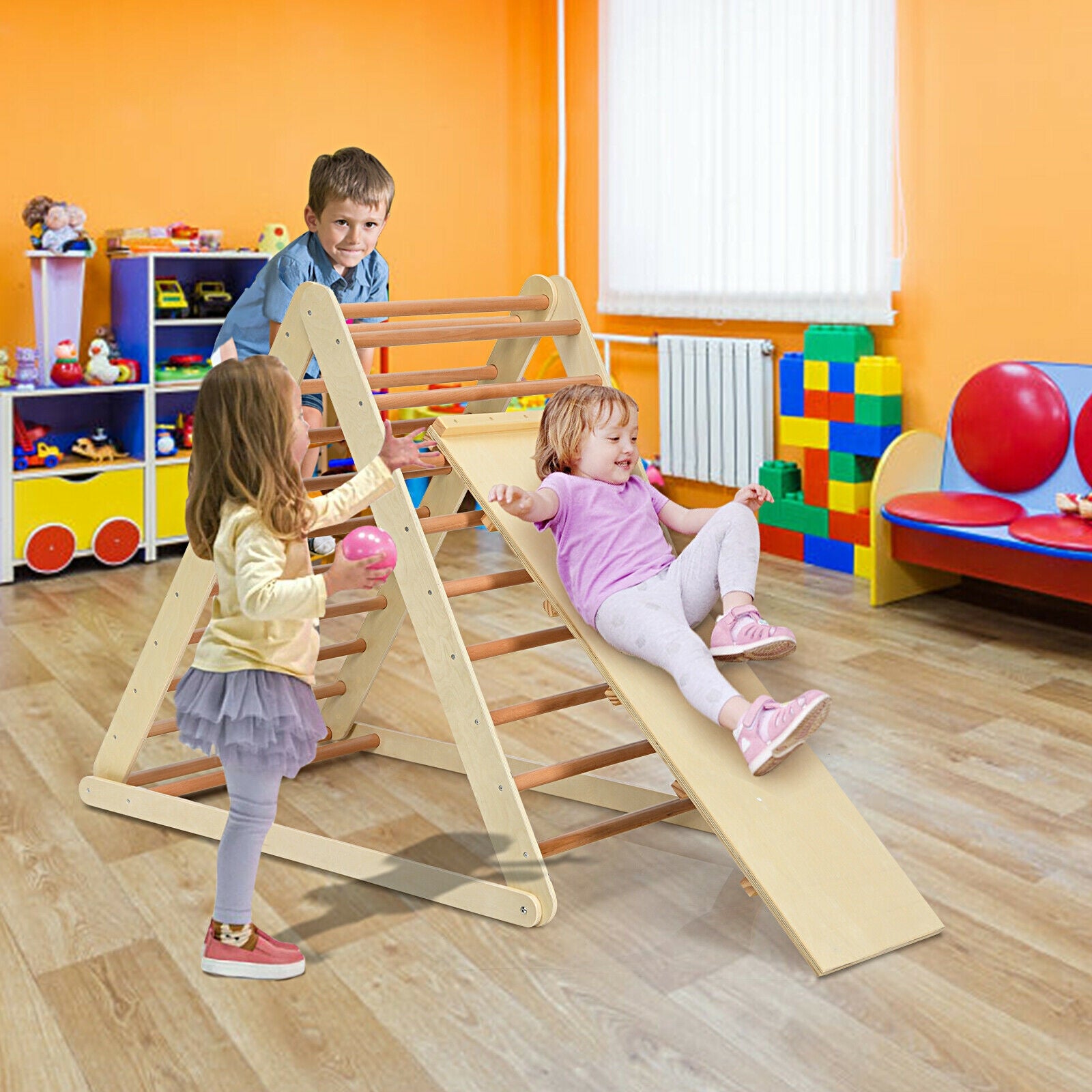 Foldable Wooden Climbing Triangle Indoor with Ladder for Toddler Baby, Natural Climbers & Slides at Gallery Canada