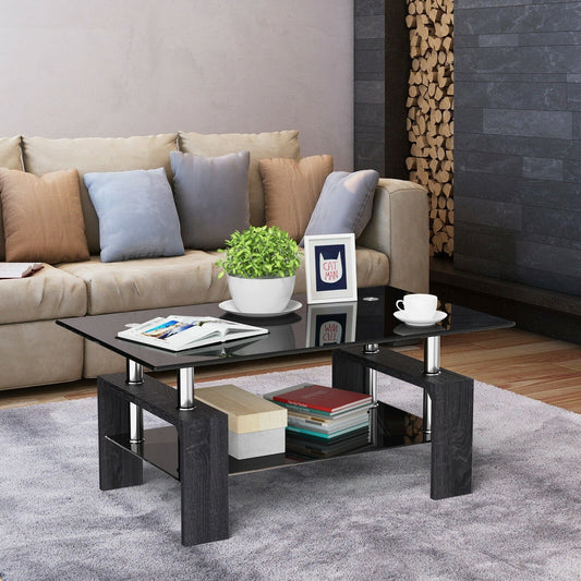Rectangular Tempered Glass Coffee Table with Shelf, Gray - Gallery Canada