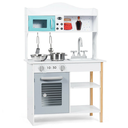 Kids Kitchen Cookware Pretend Cooking Food Play Set, White, Gray Play Kitchen Sets Gray & White at Gallery Canada