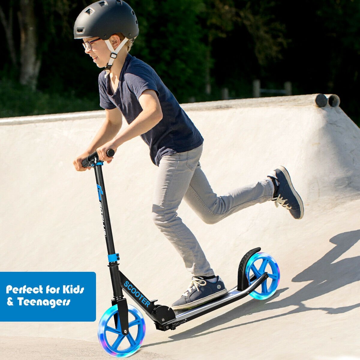 Portable Folding Sports Kick Scooter with LED Wheels, Blue - Gallery Canada