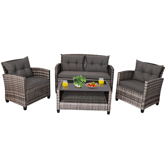 4 Pieces Patio Rattan Furniture Set Coffee Table Cushioned Sofa, Gray Patio Conversation Sets Gray at Gallery Canada