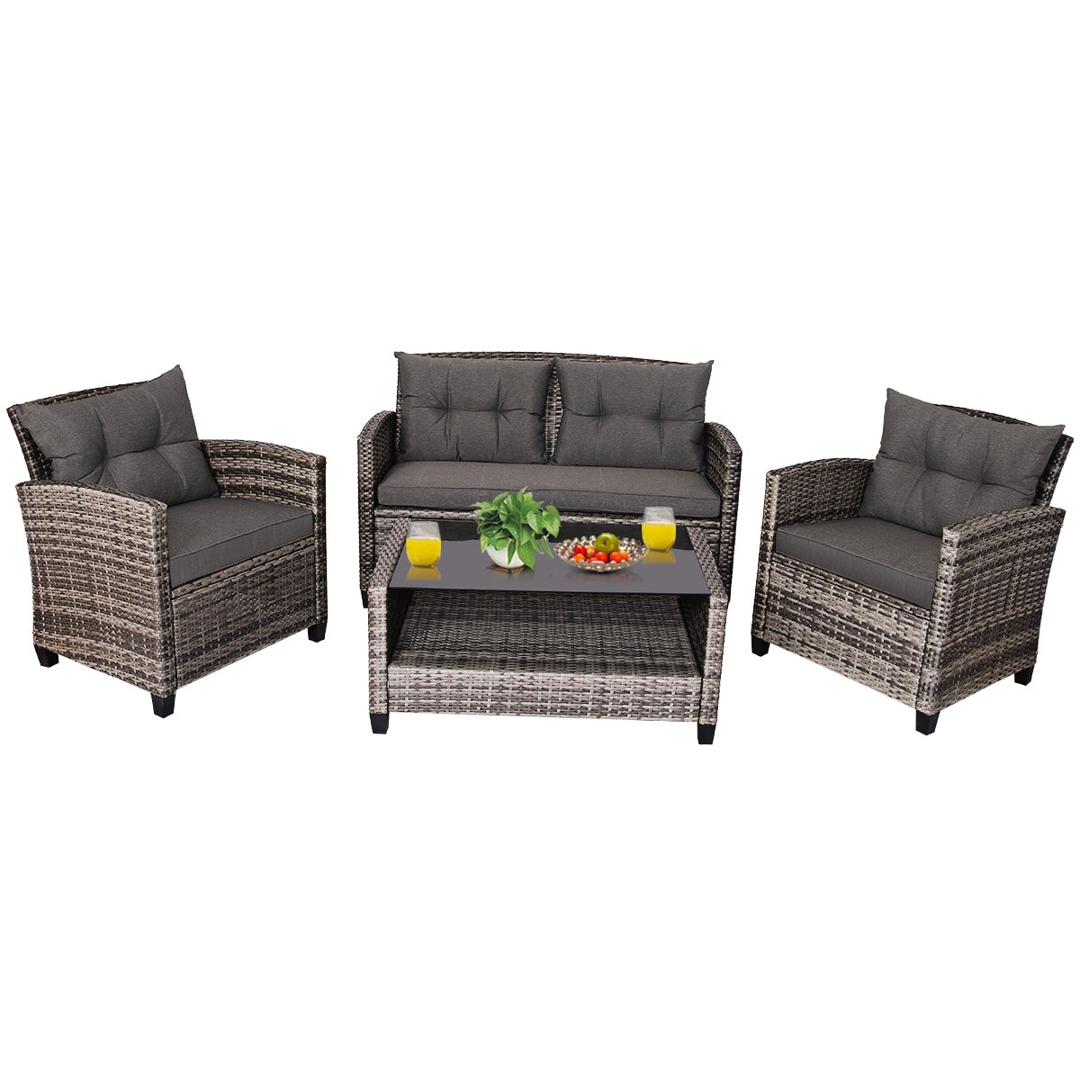4 Pieces Patio Rattan Furniture Set Coffee Table Cushioned Sofa, Gray Patio Conversation Sets Gray at Gallery Canada