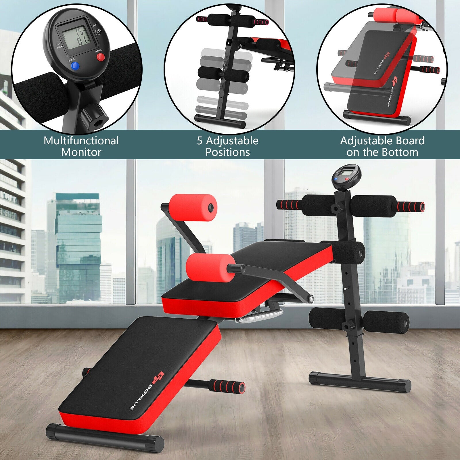 Multi-Functional Foldable Weight Bench Adjustable Sit-up Board with Monitor, Red Benches Racks & Bars at Gallery Canada
