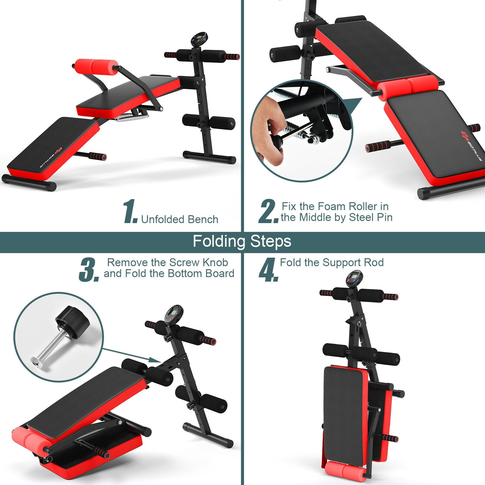 Multi-Functional Foldable Weight Bench Adjustable Sit-up Board with Monitor, Red Benches Racks & Bars at Gallery Canada