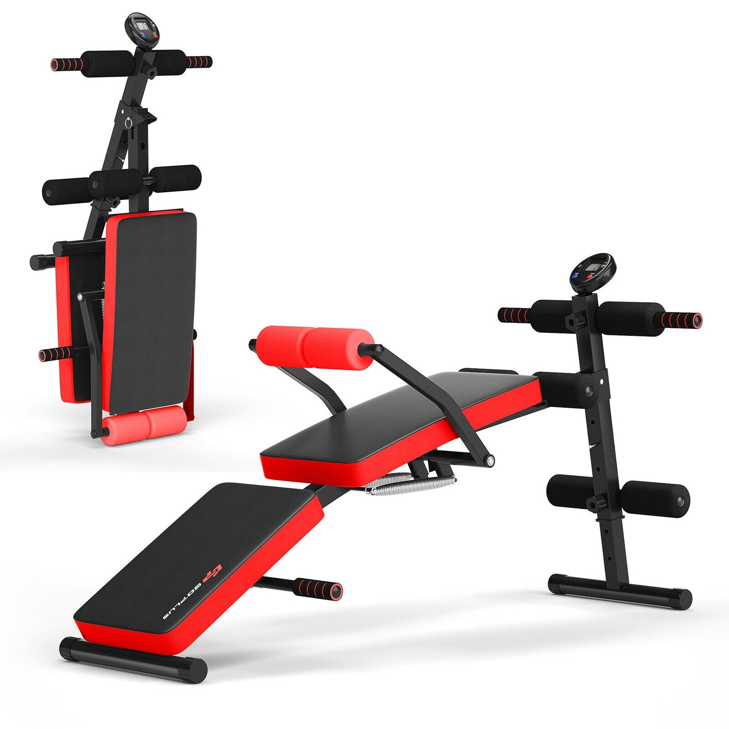 Multi-Functional Foldable Weight Bench Adjustable Sit-up Board with Monitor, Red Benches Racks & Bars Red at Gallery Canada