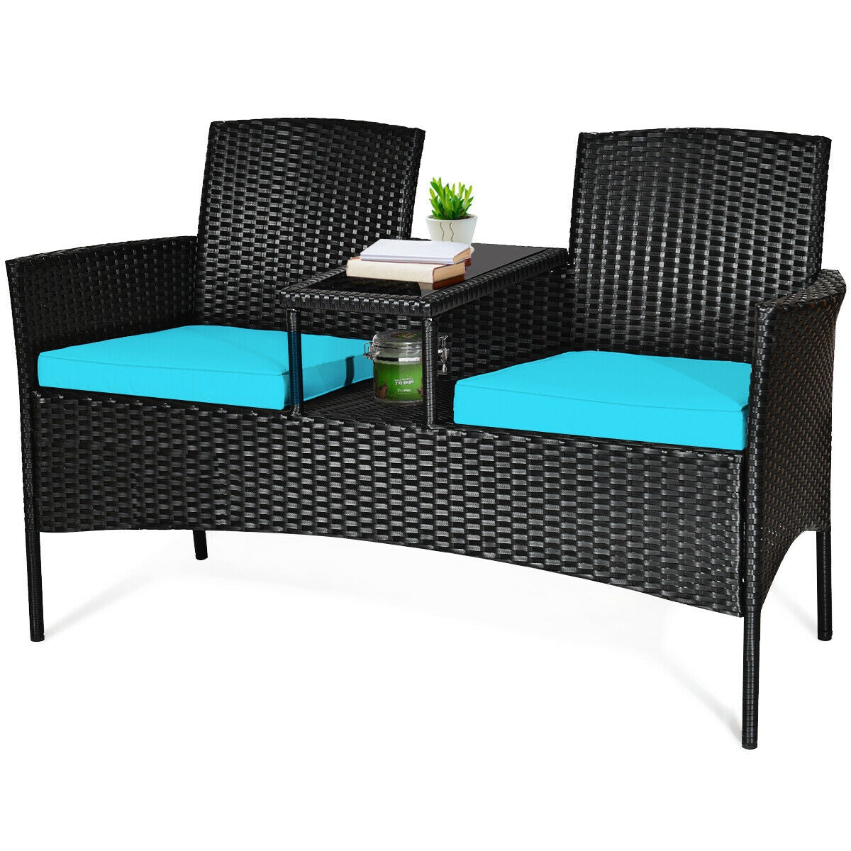 Wicker Patio Conversation Furniture Set with Removable Cushions and Table, Turquoise Patio Conversation Sets at Gallery Canada