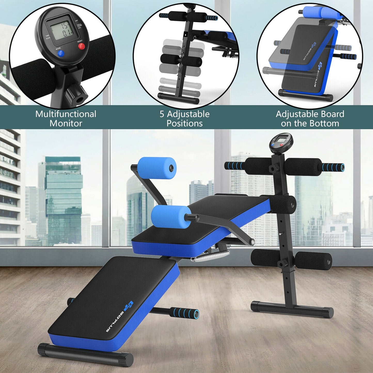 Multi-Functional Foldable Weight Bench Adjustable Sit-up Board with Monitor, Blue Benches Racks & Bars at Gallery Canada