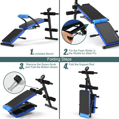 Multi-Functional Foldable Weight Bench Adjustable Sit-up Board with Monitor, Blue Benches Racks & Bars at Gallery Canada