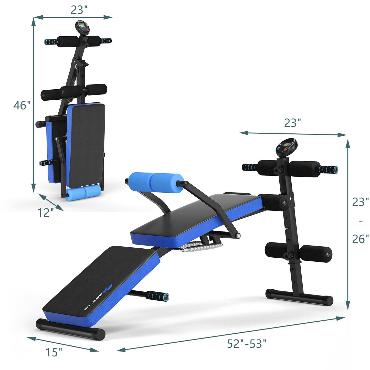 Multi-Functional Foldable Weight Bench Adjustable Sit-up Board with Monitor, Blue Benches Racks & Bars at Gallery Canada