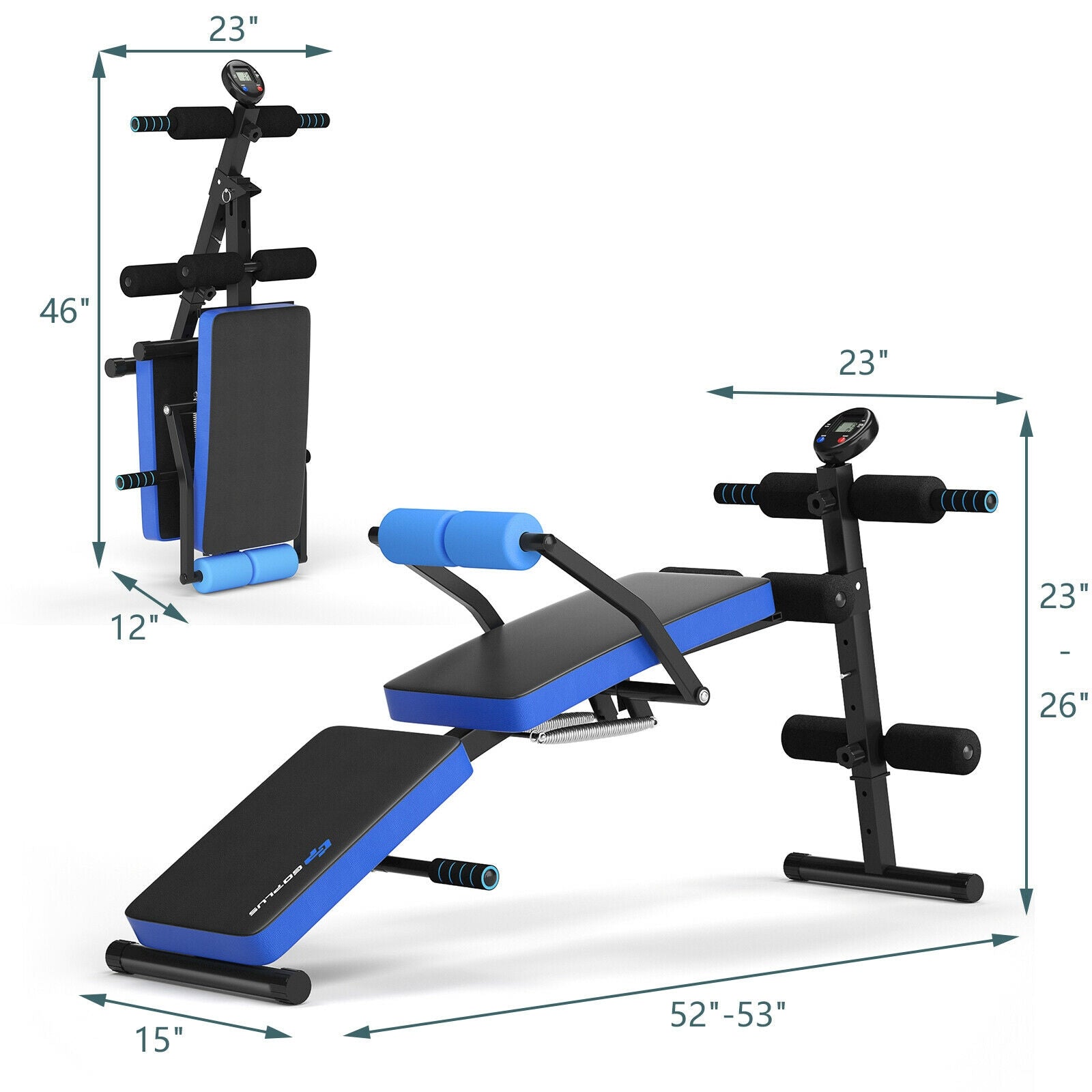Multi-Functional Foldable Weight Bench Adjustable Sit-up Board with Monitor, Blue Benches Racks & Bars at Gallery Canada