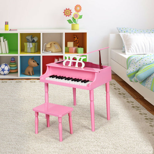 30-Key Wood Toy Kids Grand Piano with Bench and Music Rack, Pink