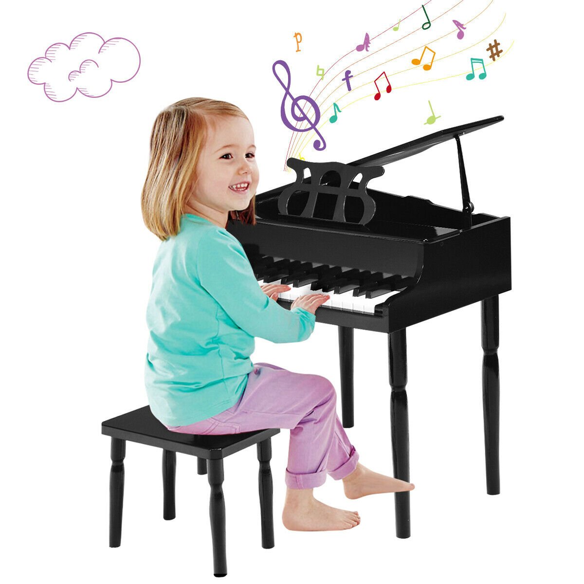 30-Key Wood Toy Kids Grand Piano with Bench and Music Rack, Black - Gallery Canada