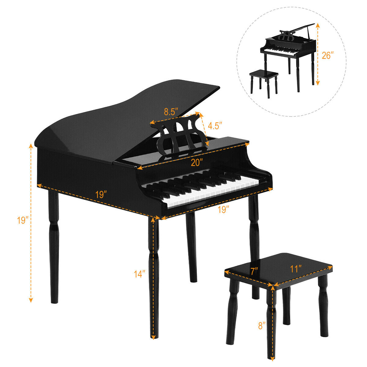30-Key Wood Toy Kids Grand Piano with Bench and Music Rack, Black Musical Toys at Gallery Canada