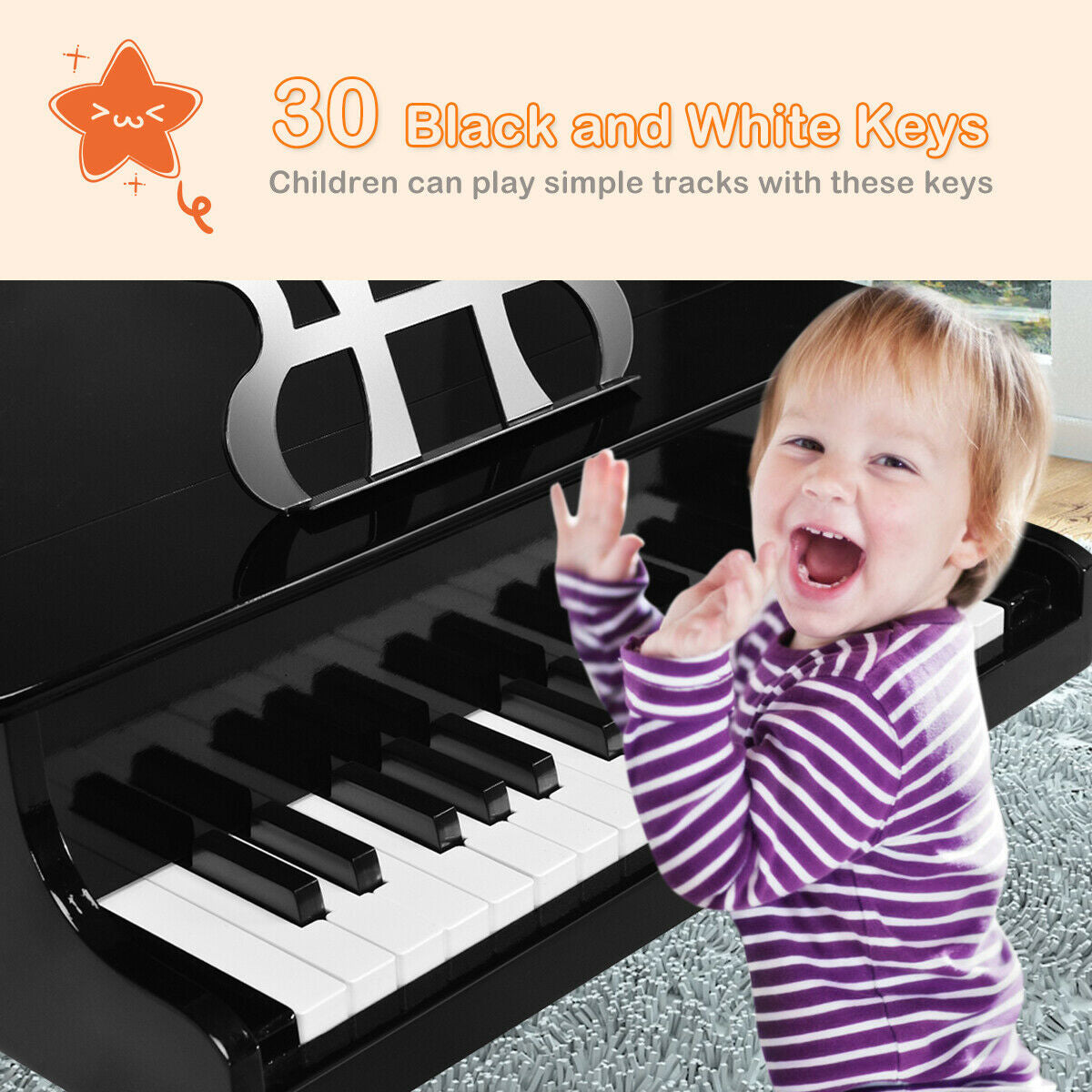 30-Key Wood Toy Kids Grand Piano with Bench and Music Rack, Black Musical Toys at Gallery Canada
