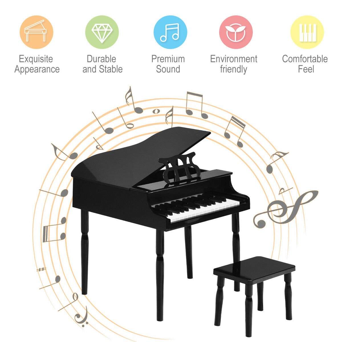 30-Key Wood Toy Kids Grand Piano with Bench and Music Rack, Black - Gallery Canada