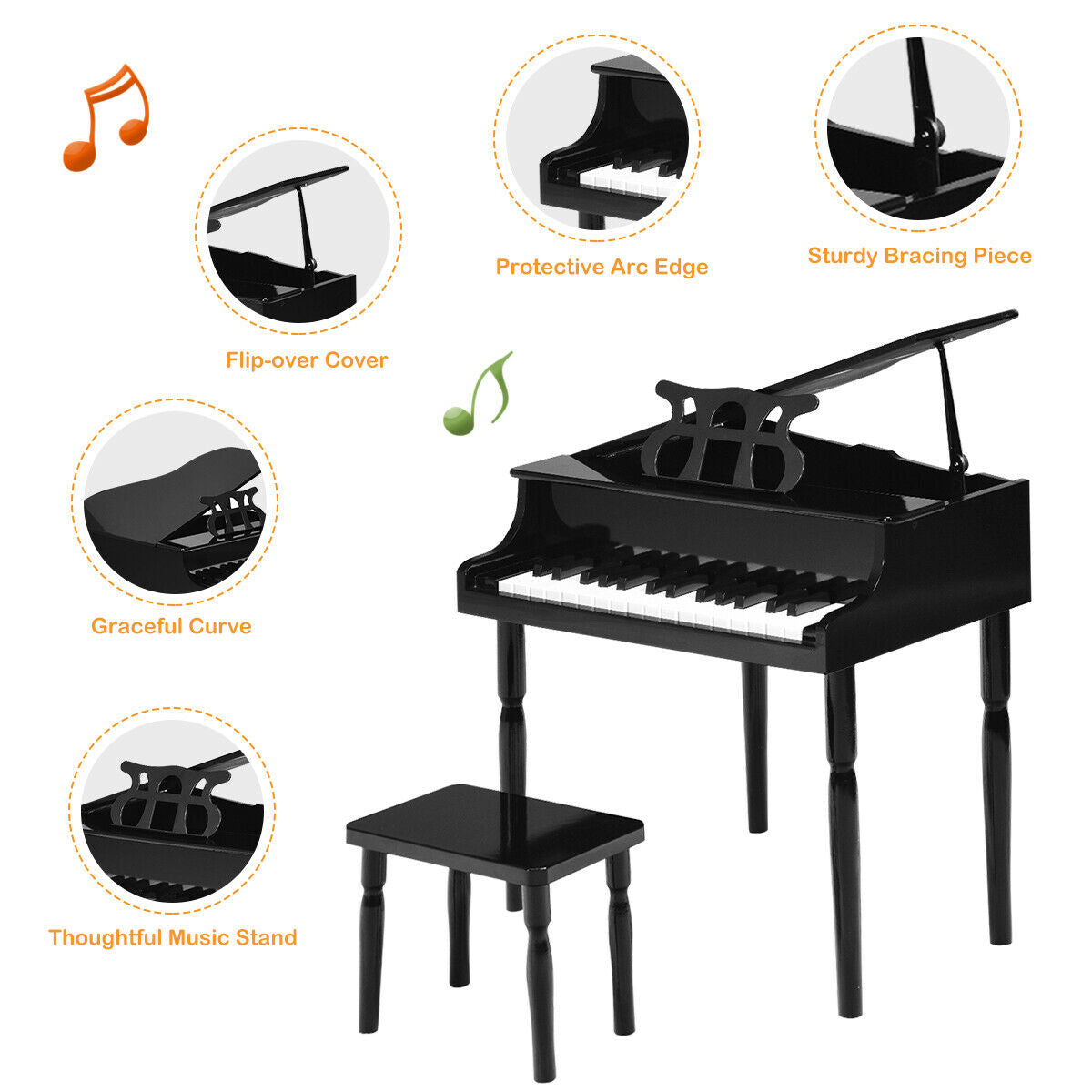 30-Key Wood Toy Kids Grand Piano with Bench and Music Rack, Black Musical Toys at Gallery Canada