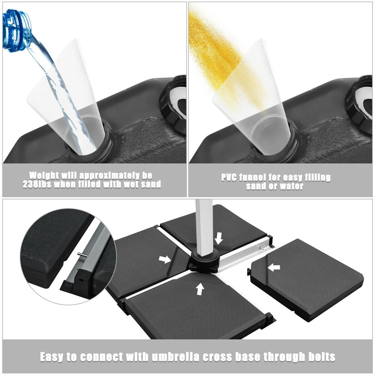 4 Pieces Square Fillable Patio Umbrella Base Set with Handle and Funnel, Black Outdoor Umbrella Bases at Gallery Canada