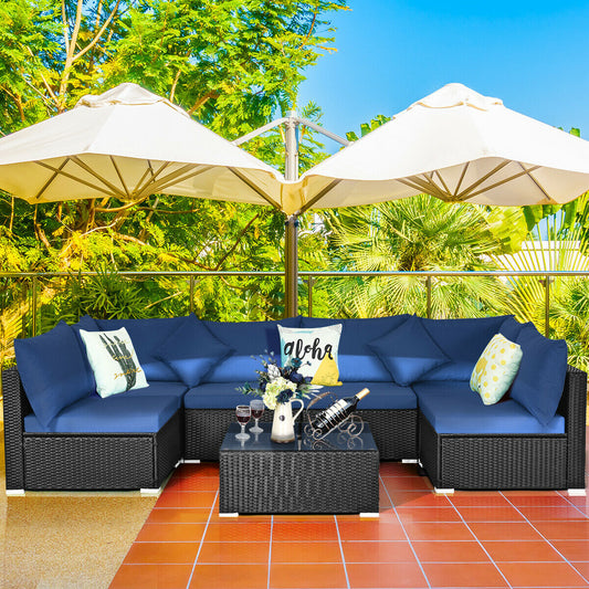 7 Piece Outdoor Wicker Patio Sofa Set, Navy Outdoor Sectionals Navy at Gallery Canada
