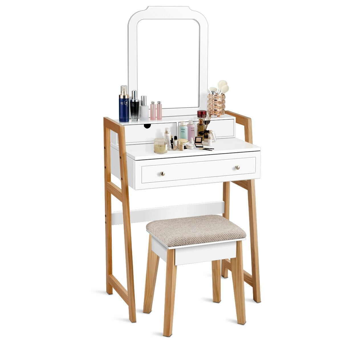 Vanity Table Set with Cushioned Stool and Large Mirror, White Makeup Vanities at Gallery Canada