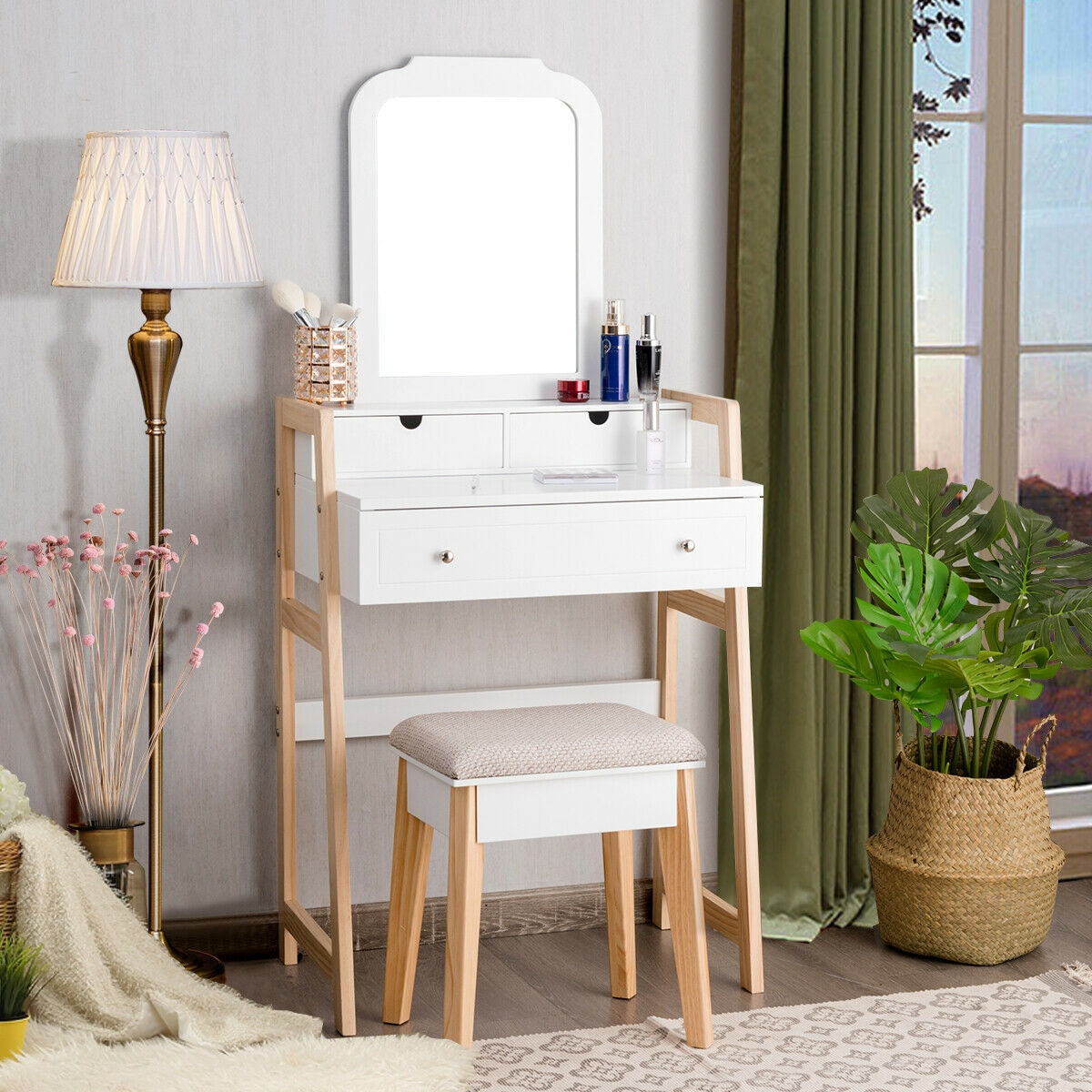 Vanity Table Set with Cushioned Stool and Large Mirror, White Makeup Vanities at Gallery Canada
