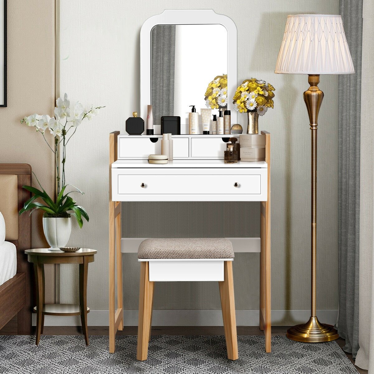 Vanity Table Set with Cushioned Stool and Large Mirror, White - Gallery Canada
