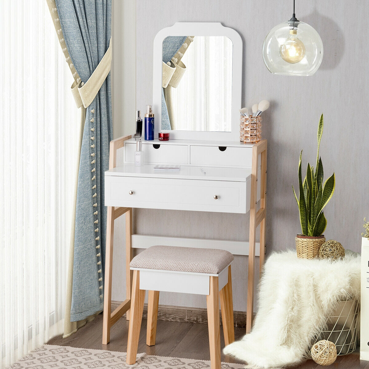 Vanity Table Set with Cushioned Stool and Large Mirror, White Makeup Vanities at Gallery Canada
