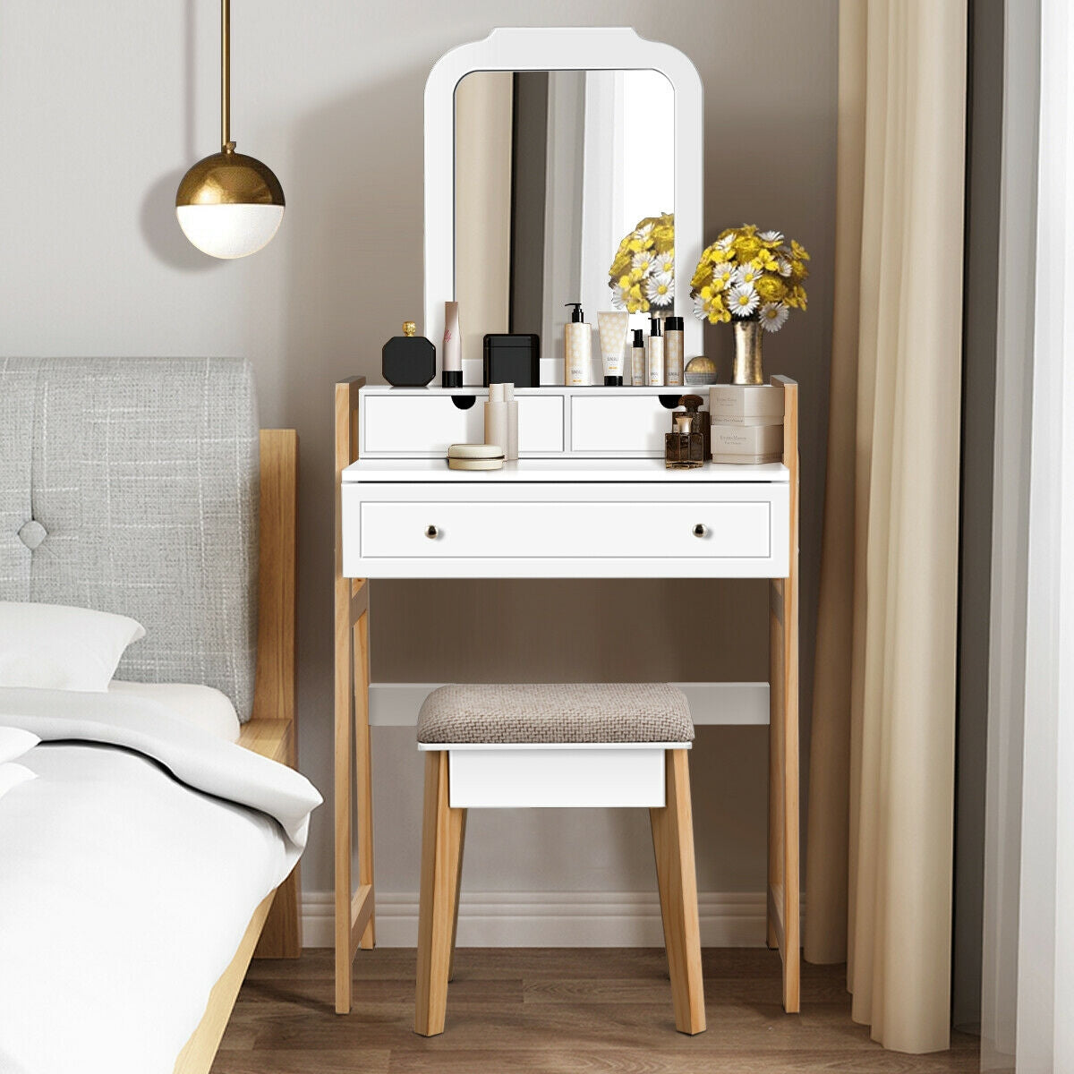 Vanity Table Set with Cushioned Stool and Large Mirror, White Makeup Vanities at Gallery Canada